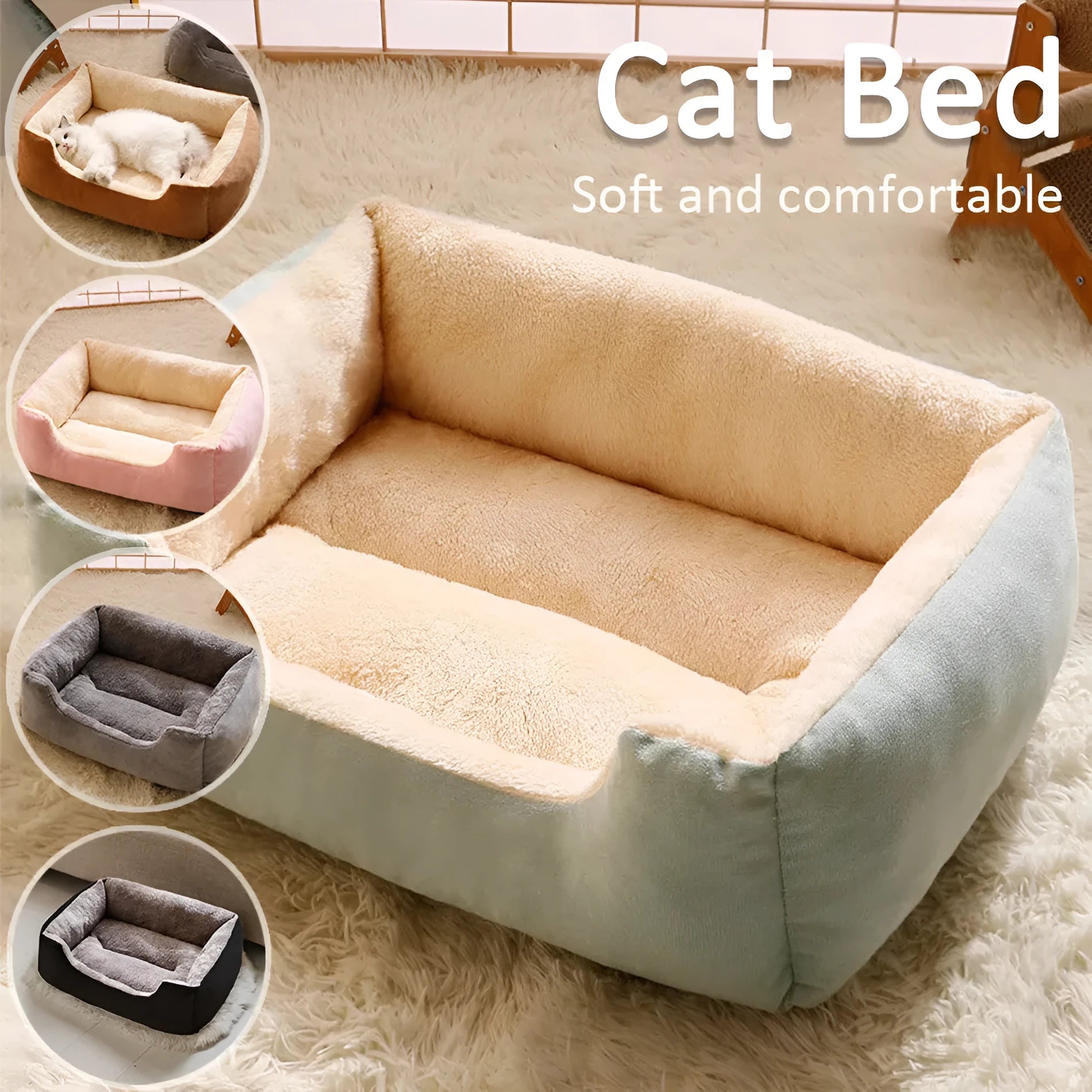 Short plush cat bed for pets shown in one of five colours and available in five sizes.