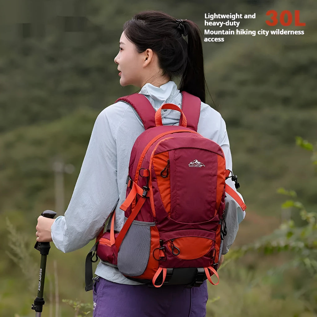 Men's large capacity lightweight hiking backpack 30L with rain cover, square shape, zipper closure