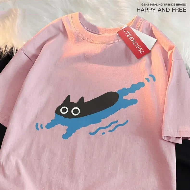 Women's black cotton short sleeve t-shirt featuring a white Diving Black Cat graphic print, laid flat.