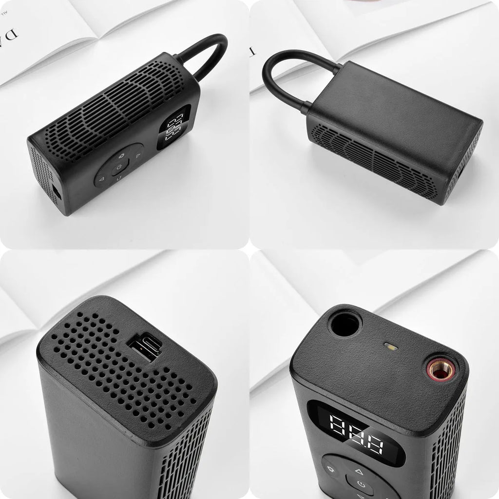 Black portable power bank and digital air compressor unit for tyre inflation, model M09X, with USB cable.
