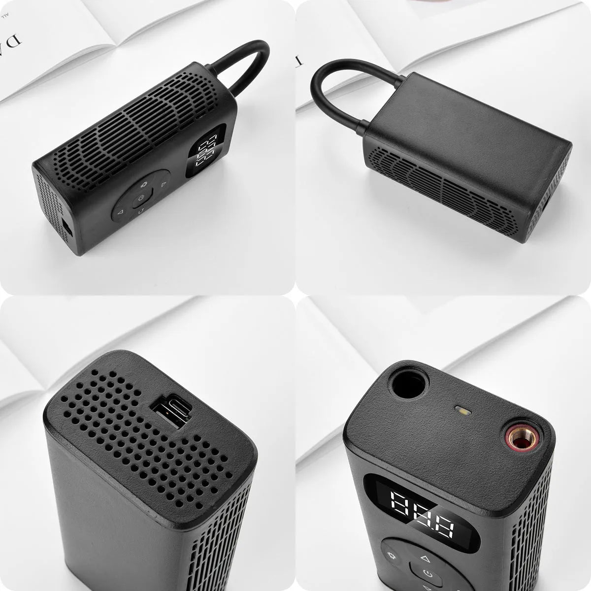 Black portable power bank and digital air compressor unit for tyre inflation, model M09X, with USB cable.