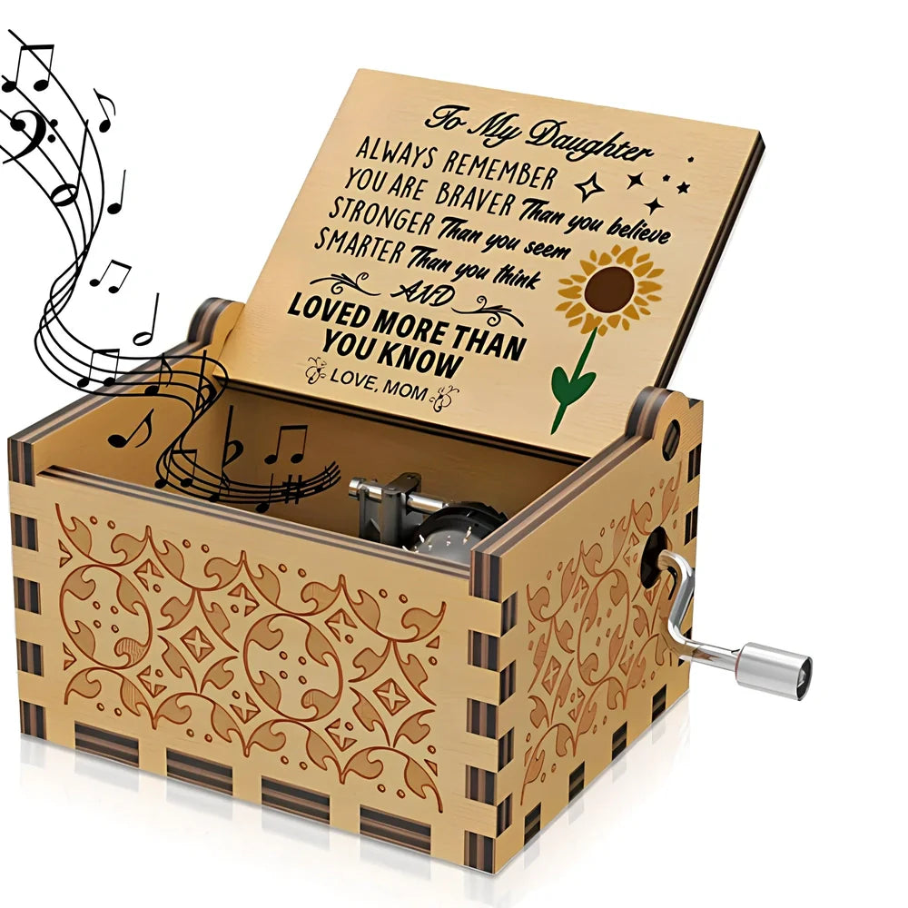 Antique boxwood music box with hand crank and yin carved Spirited Away landscape flowers, 10 cm tall wooden decoration