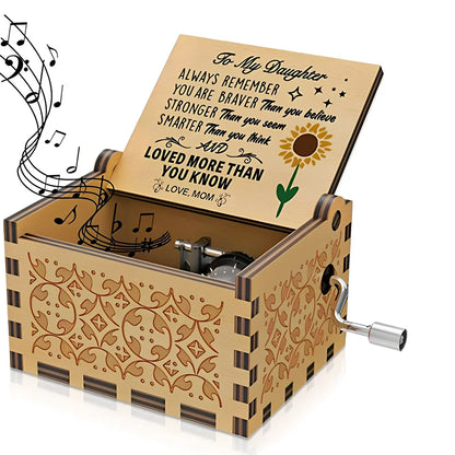 Antique boxwood music box with hand crank and yin carved Spirited Away landscape flowers, 10 cm tall wooden decoration