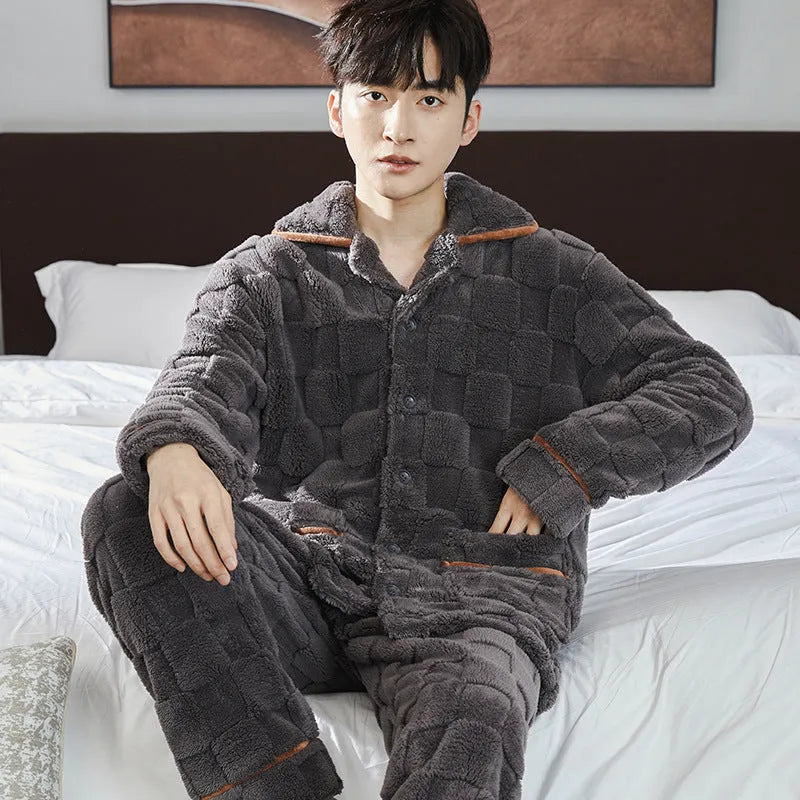 Mens flannel pyjama set with fleece lining, dark gray checkered jacquard pattern, loose fit loungewear
