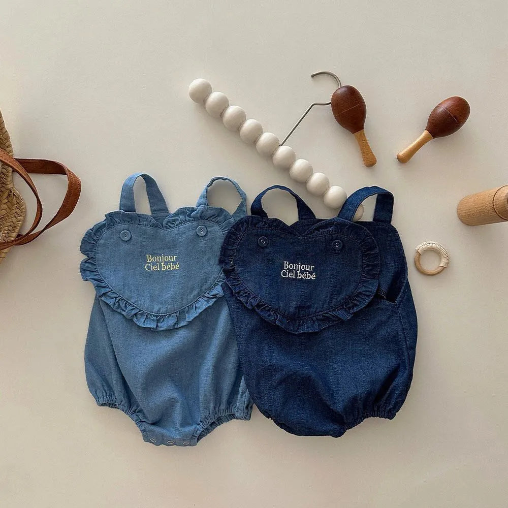 Pure cotton embroidery denim romper for newborn babies, sleeveless pullover, available in dark blue or light blue, size 66cm to 100cm