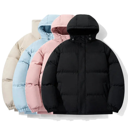 Cotton Loose Thickening Hooded Coat in pink, black, khaki, and sky blue