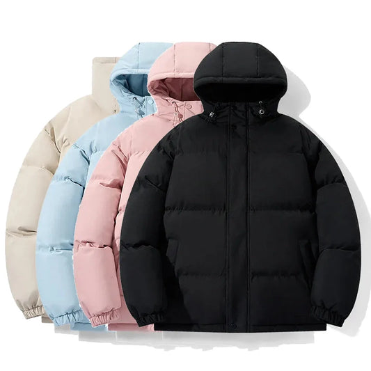 Cotton Loose Thickening Hooded Coat in pink, black, khaki, and sky blue