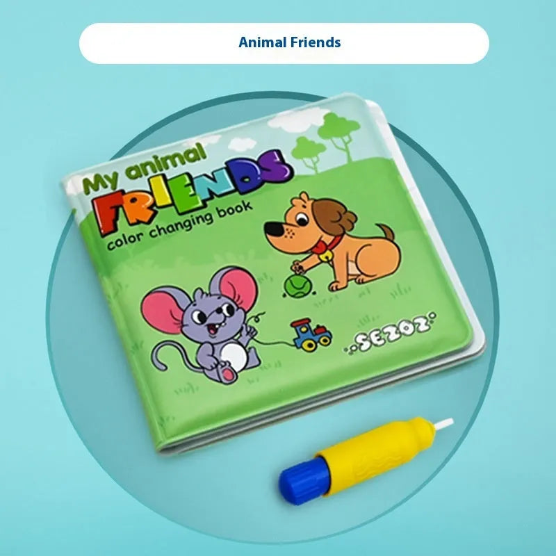 Magic Water Painting Colour Changing Bath Book with PEVA pages for baby bath time, showing animal friends theme