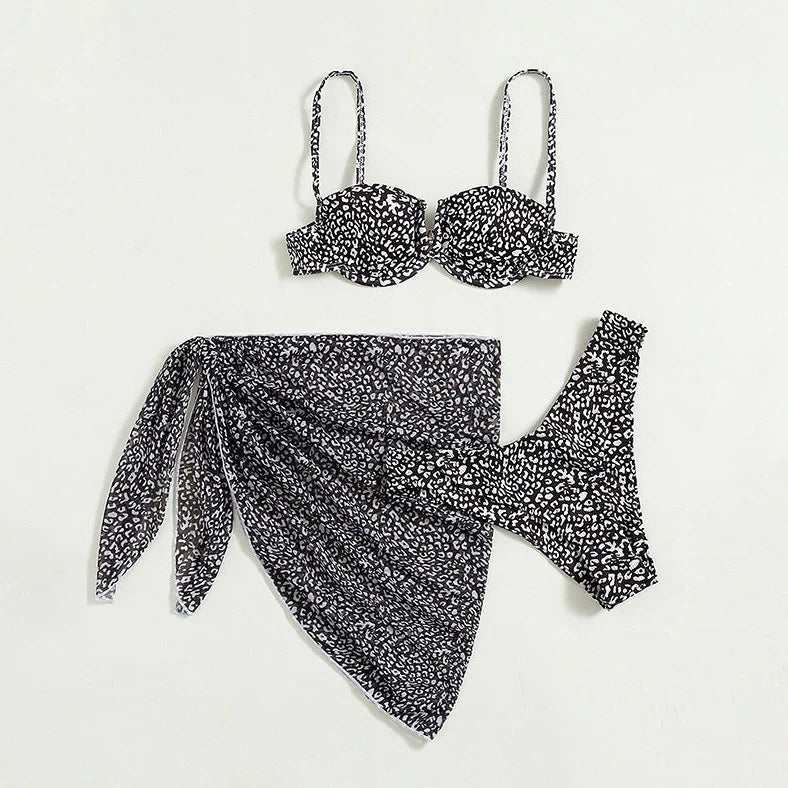 Three-piece floral bikini beach dress set with matching skirt in multiple colour options