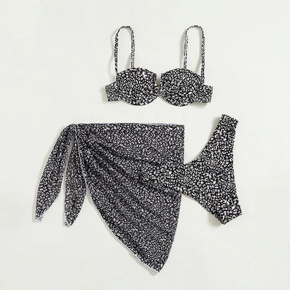 Three-piece floral bikini beach dress set with matching skirt in multiple colour options