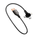 Black telescopic data cable extended to 1.5m with Lightning, Micro USB, and Type-C charging heads
