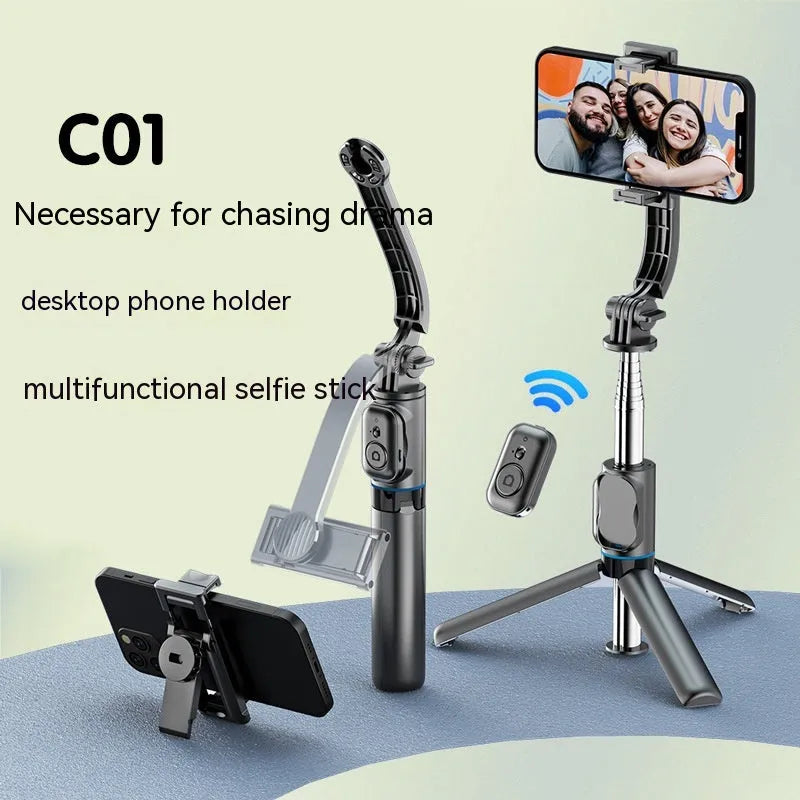 Bluetooth selfie stick with detachable desktop stand, extended to 1060mm, ABS stainless steel construction