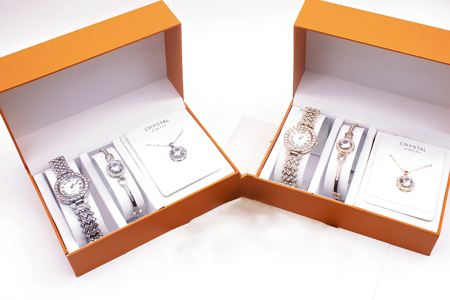 3-piece rhinestone quartz watch set with 22.5cm gold alloy strap, bracelet, and necklace on display