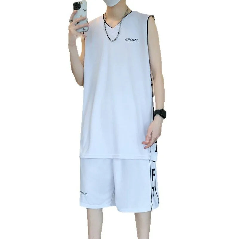 Men's white sleeveless basketball vest and matching shorts sportswear set laid flat.