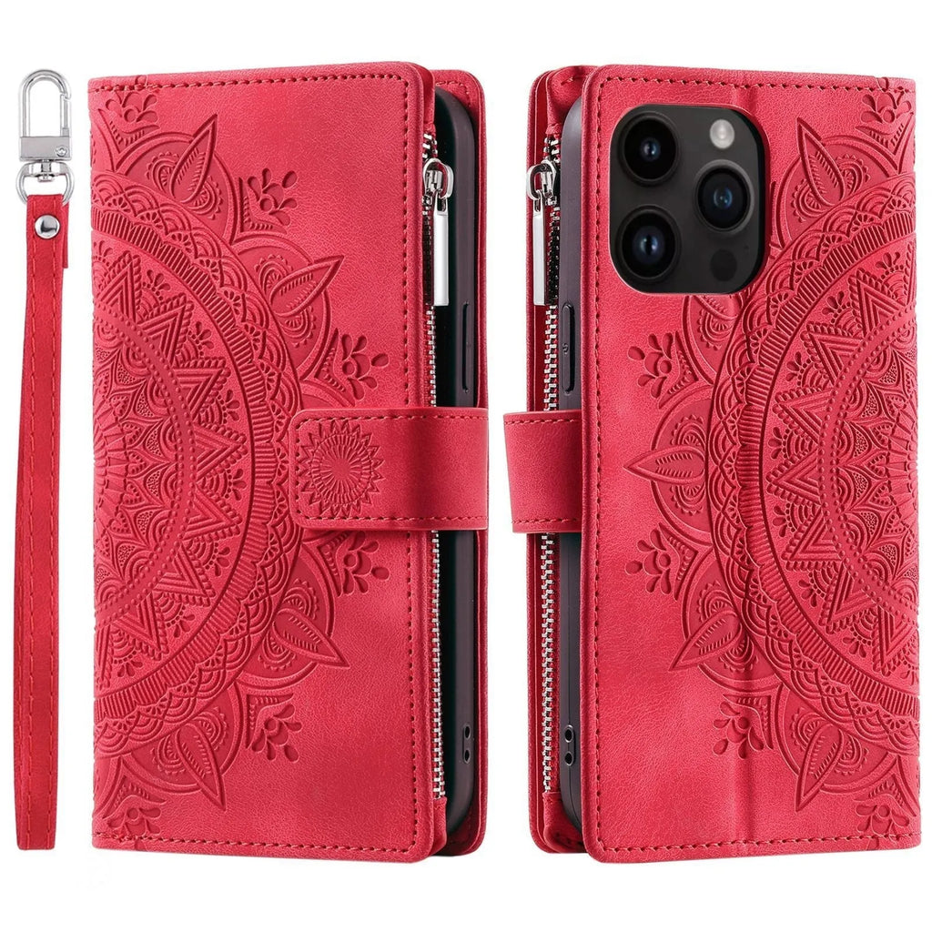 Multi-card embossed totem leather zipper bag phone case for iPhone 16 Pro in black, flip style with card slots