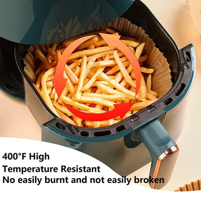 Premium disposable air fryer liners made of heat-resistant parchment paper, designed to keep your appliance clean and make cooking mess-free.