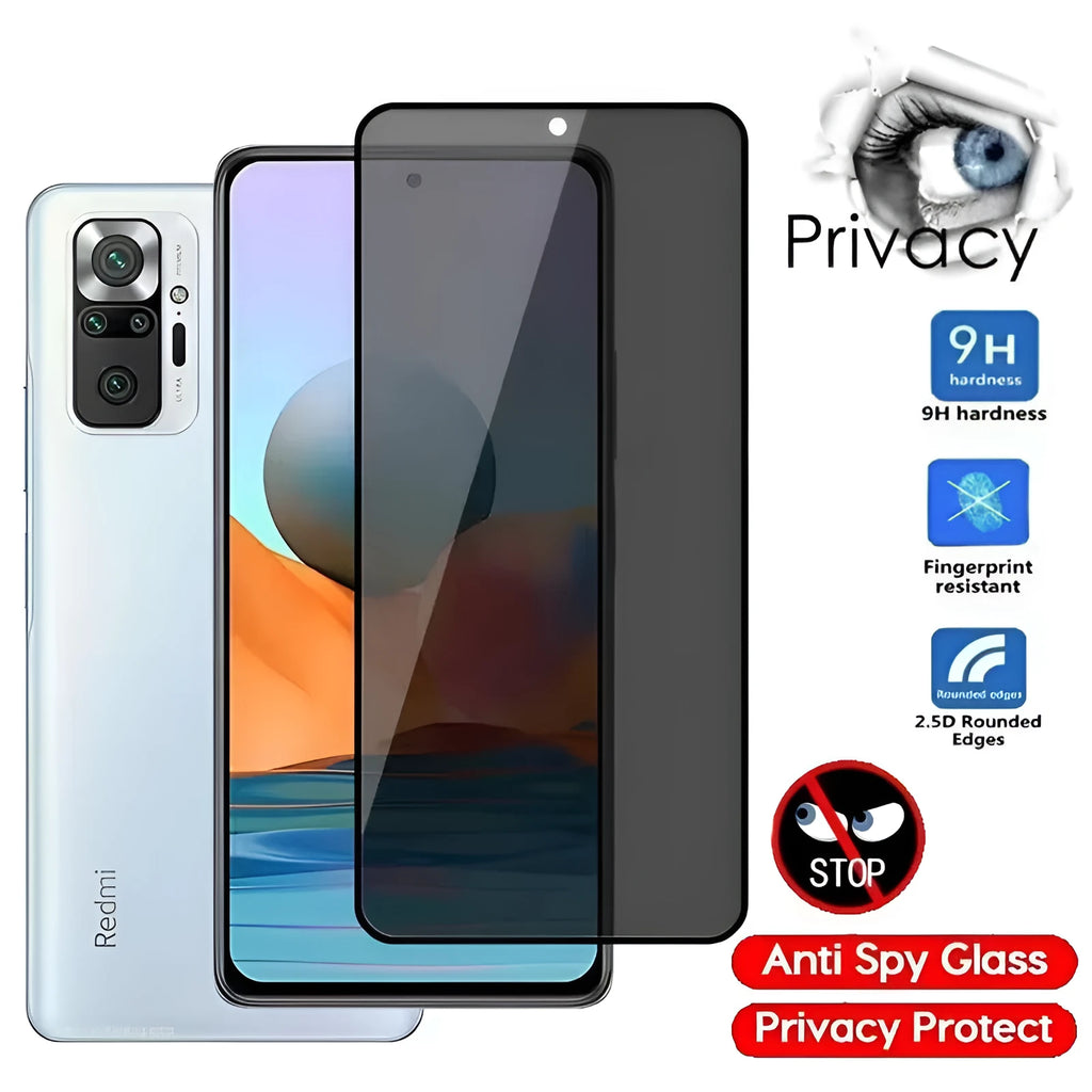 Anti-spy privacy screen protector film for Xiaomi Poco and Redmi Note mobile phones.