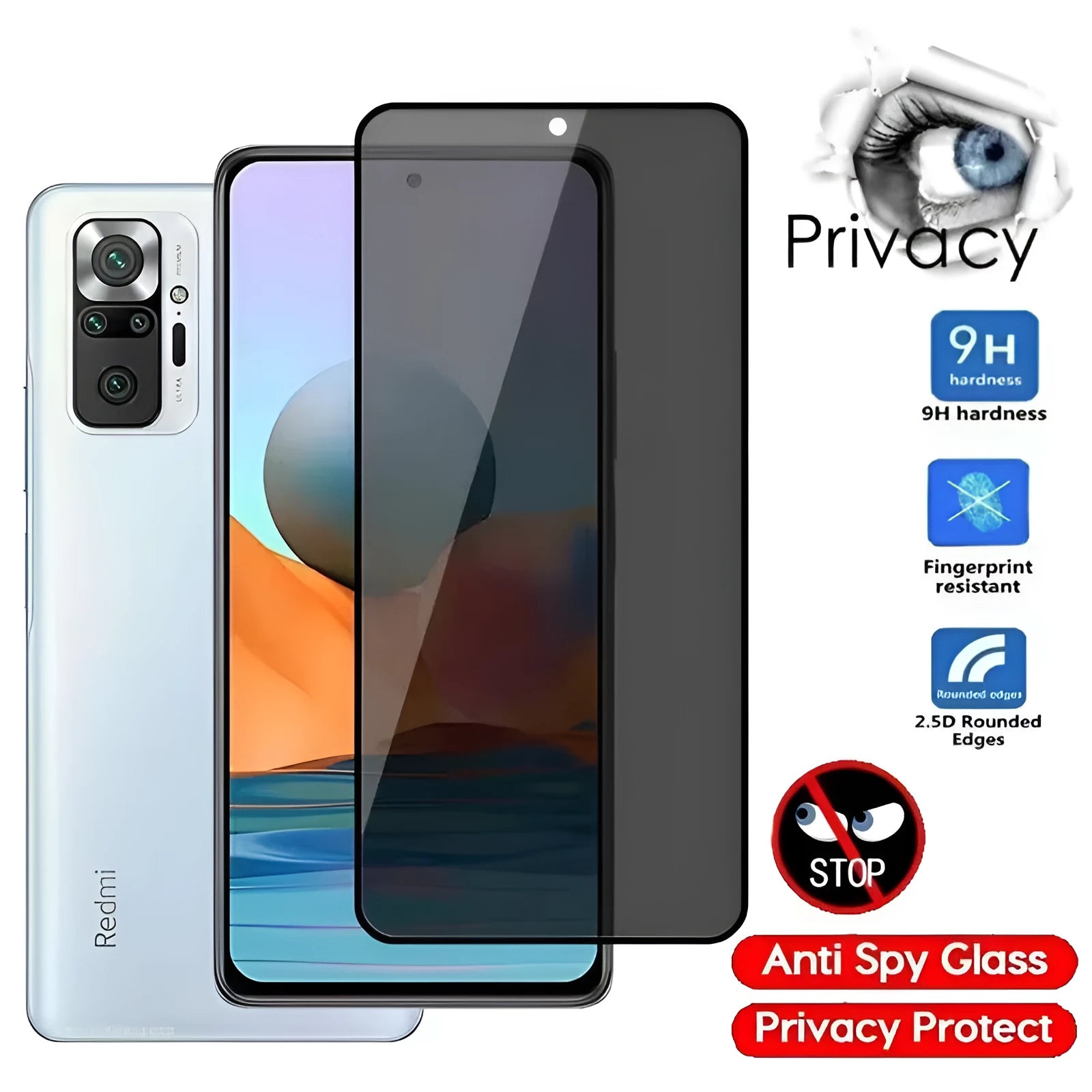 Anti-spy privacy screen protector film for Xiaomi Poco and Redmi Note mobile phones.