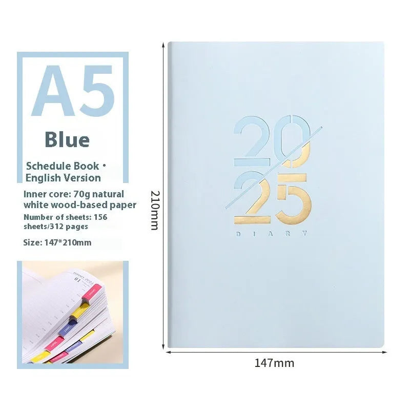 A5 2025 daily planner with soft faux leather cover in blue, green, pink, purple, or yellow.