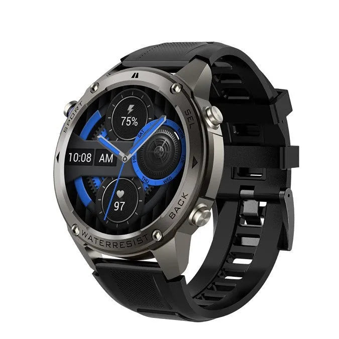 Black smart watch with AMOLED screen showing outdoor compass and heart rate data on wrist