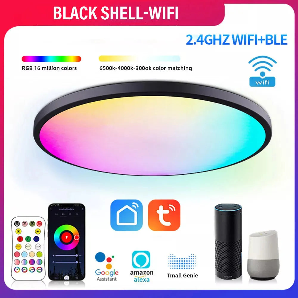 Black or white RGBCW Bluetooth ceiling lamp with 300mm diameter showing full colour dimming and stepless colour temperature control