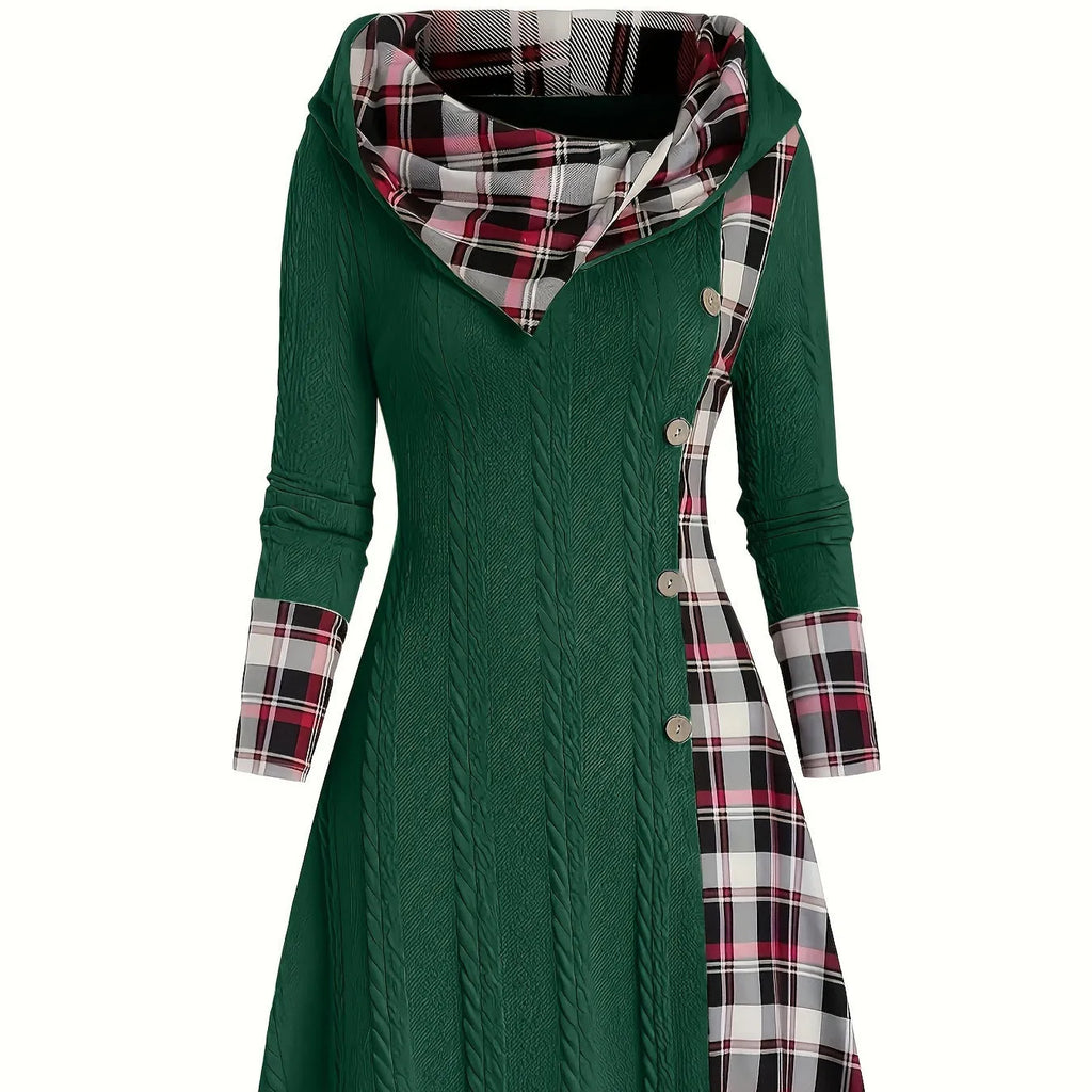 Women's hooded sunken stripe sweater long sleeve pullover dress in solid colour A-line midi street fashion style