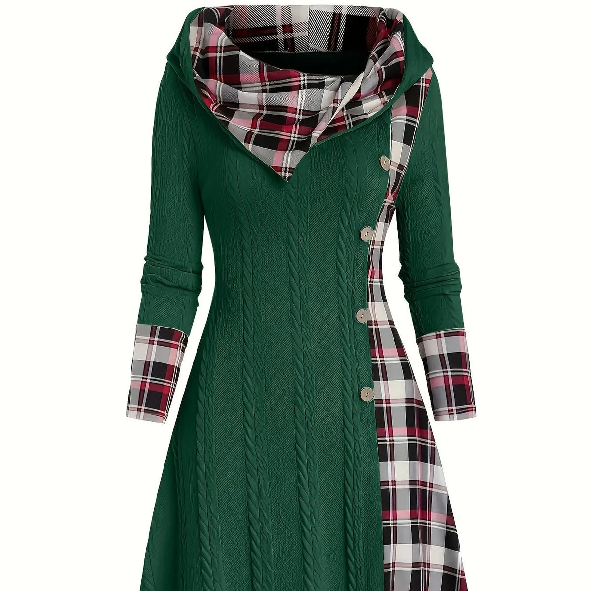 Women's hooded sunken stripe sweater long sleeve pullover dress in solid colour A-line midi street fashion style