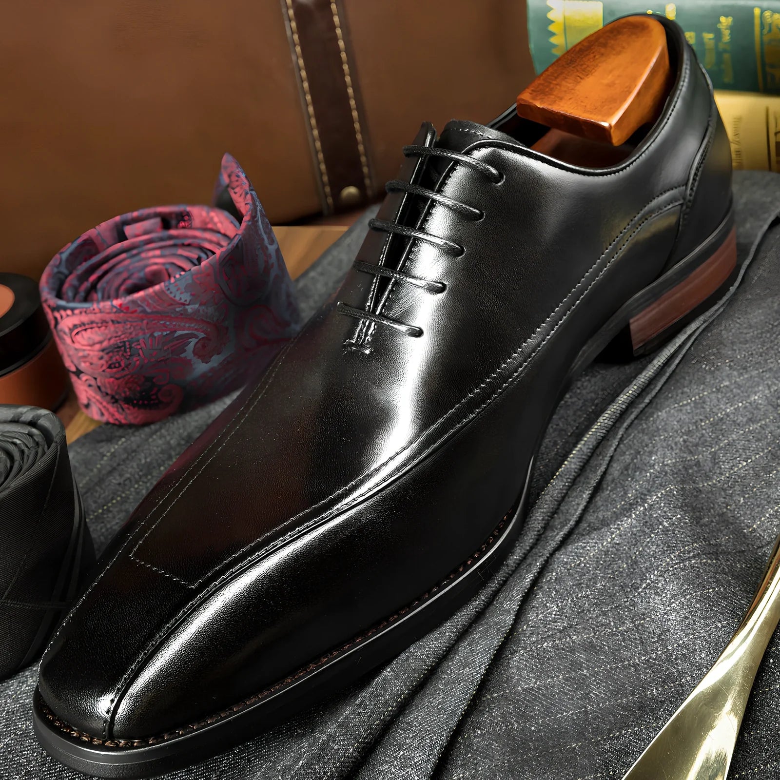 Men's black casual Oxford leather shoes with rubber non-slip sole, low-top breathable design, size EU 37-44