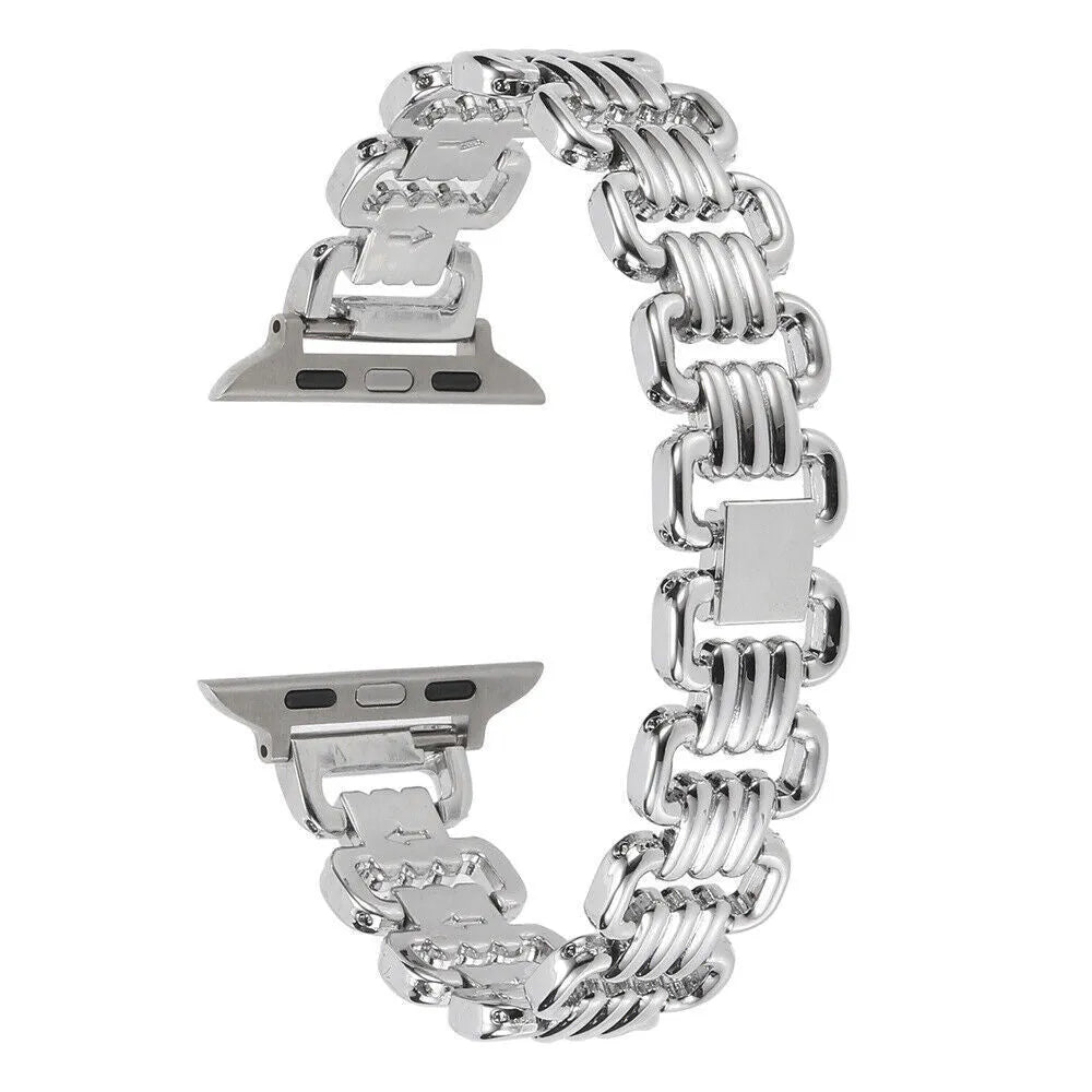 Stainless steel alloy Apple Watch band in silver, black, gold, rose gold, and starlight colours.