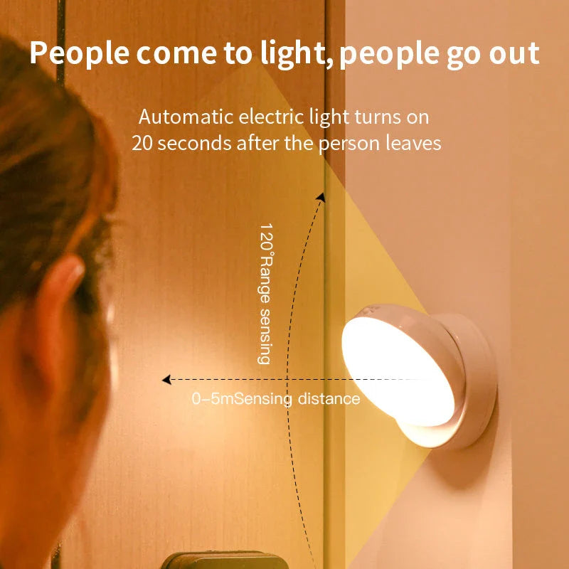 Rotating motion sensor light for corridors, garages, and wardrobes with adjustable direction and energy-saving features