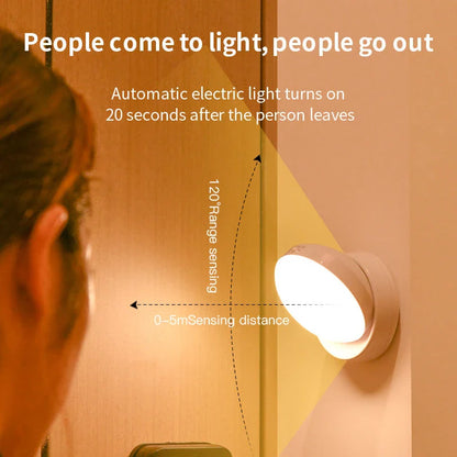 Rotating motion sensor light for corridors, garages, and wardrobes with adjustable direction and energy-saving features