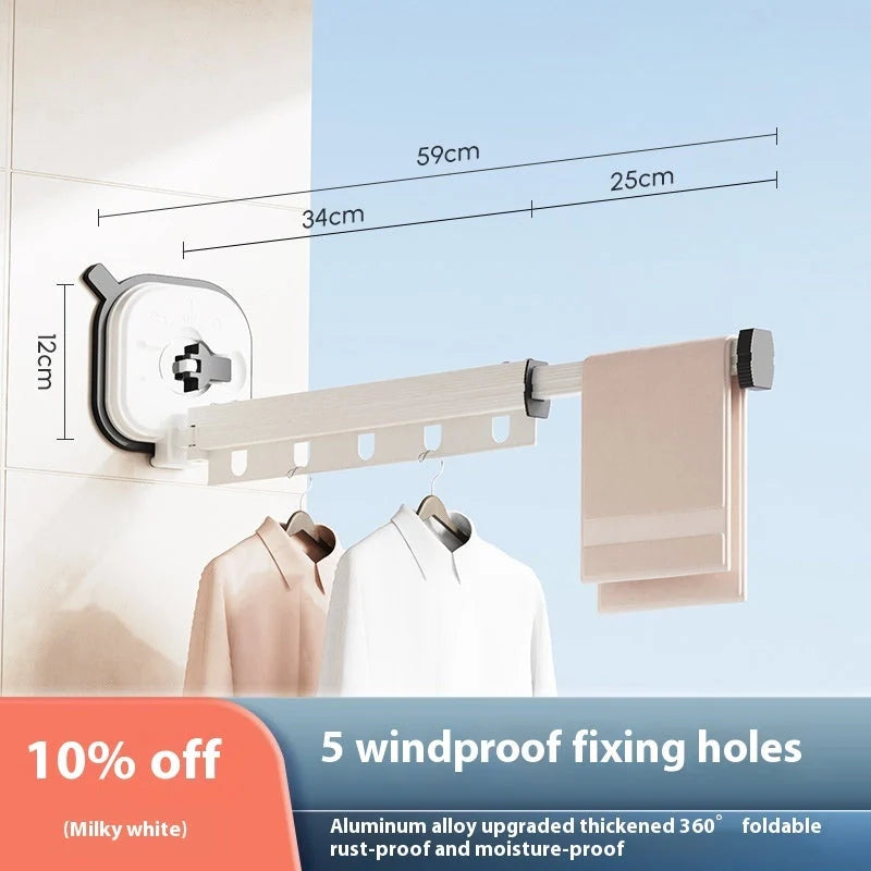 Aluminum retractable clothes drying rack mounted on wall with suction cups