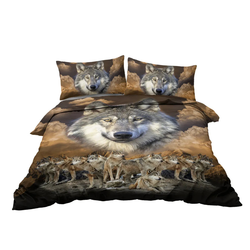Brown wolf pack design 3 piece bedding set with microfiber comforter and two pillow shams