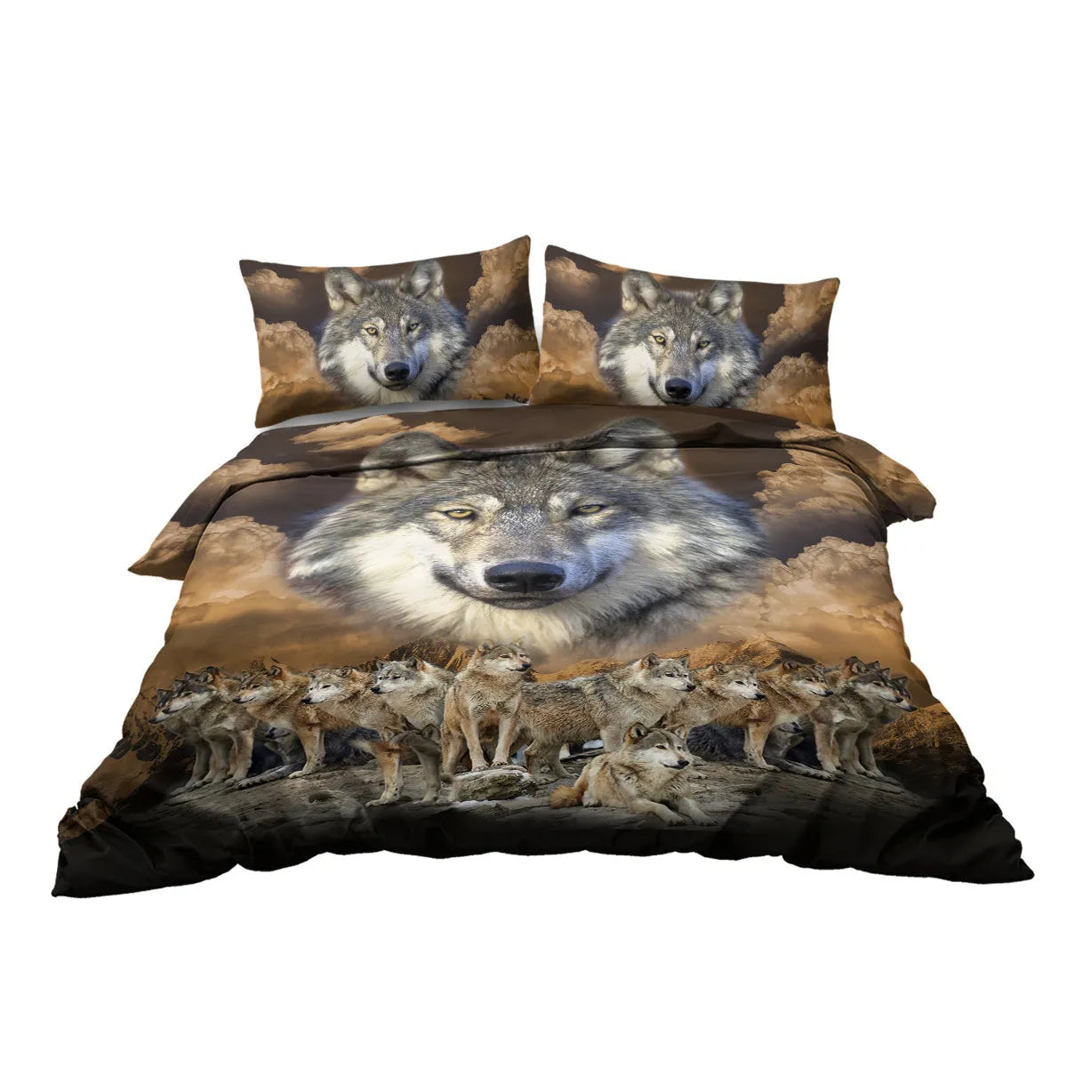 Brown wolf pack design 3 piece bedding set with microfiber comforter and two pillow shams
