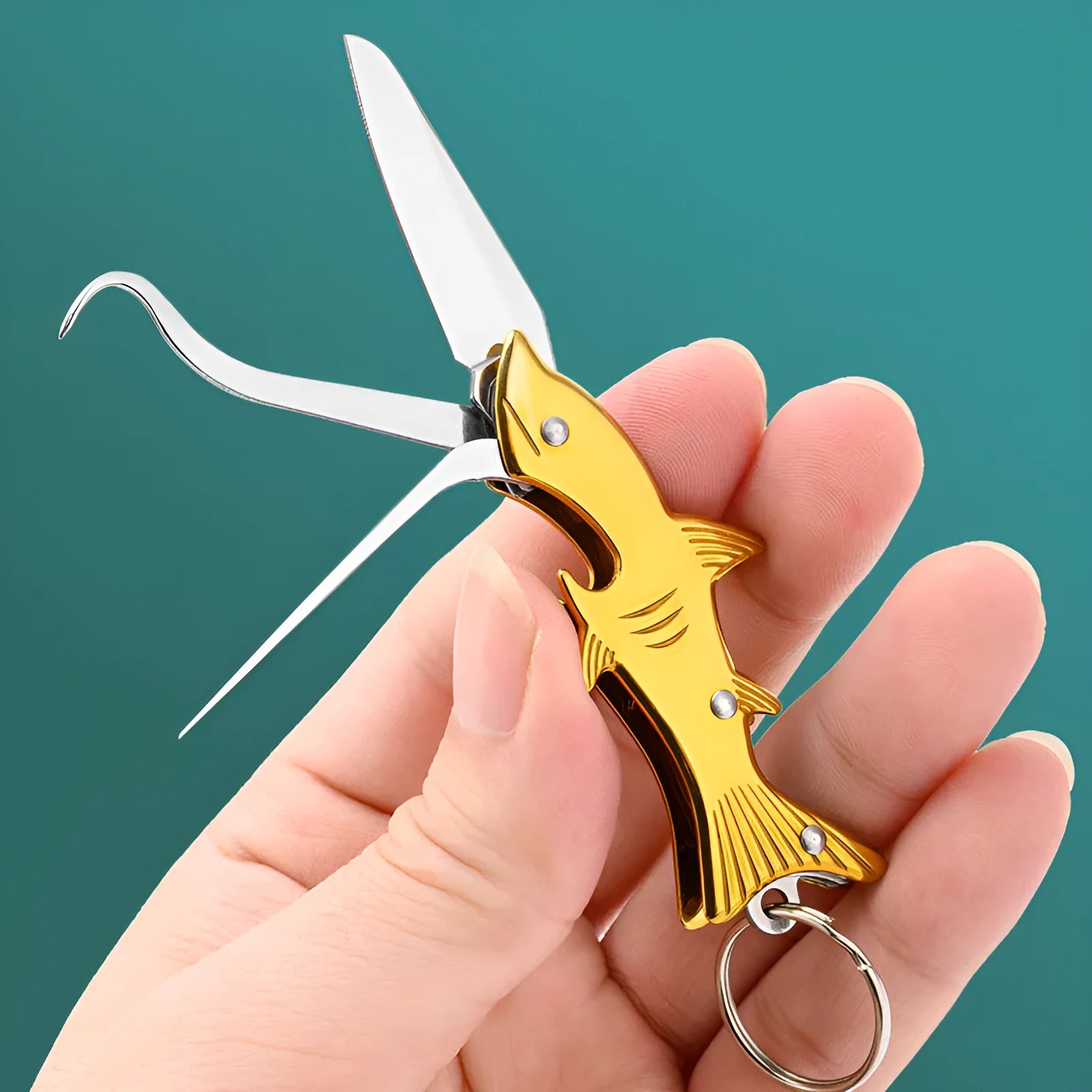 304 stainless steel multi-functional toothpick knife with non-slip grip in silver finish on white background