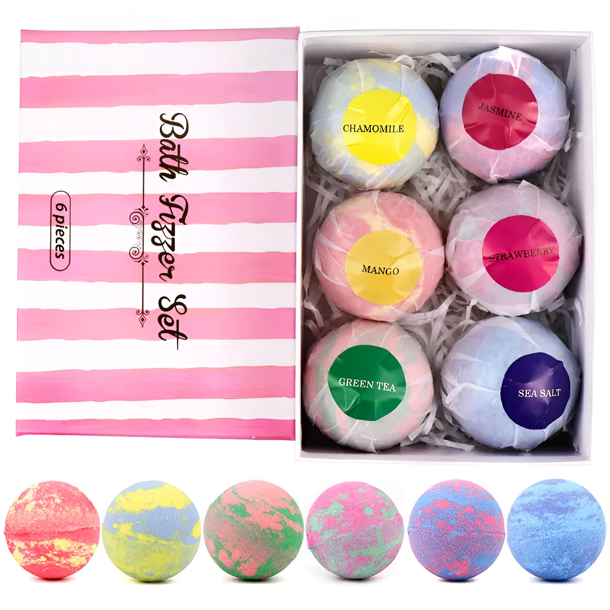 Set of six mixed colour bath salt balls with shea butter and essential oils for oil control and exfoliation