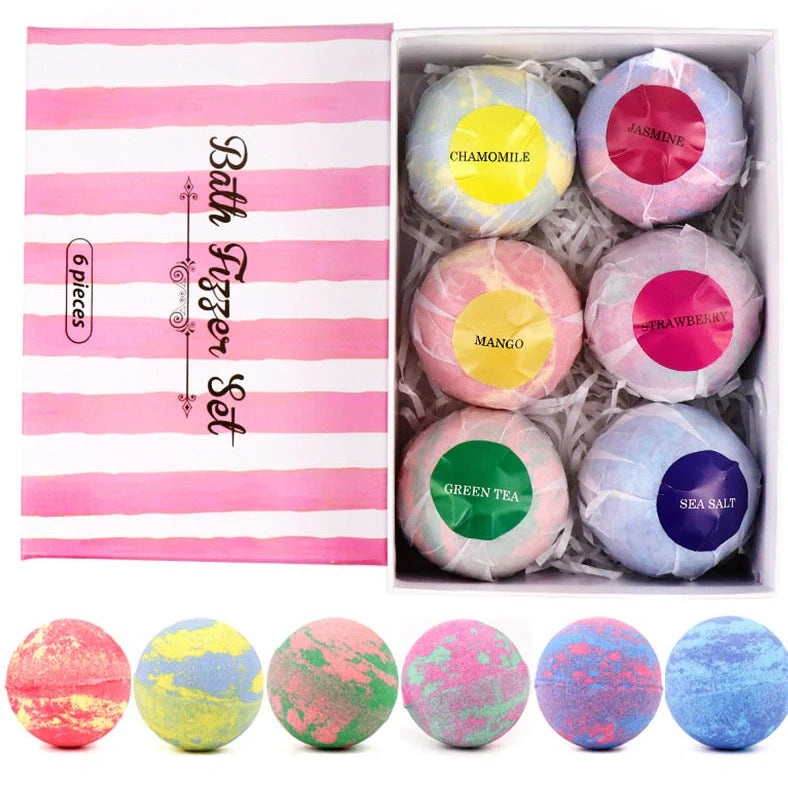 Six spherical 4cm diameter bath salt balls in mixed colours with 60g weight each containing shea butter and essential oils