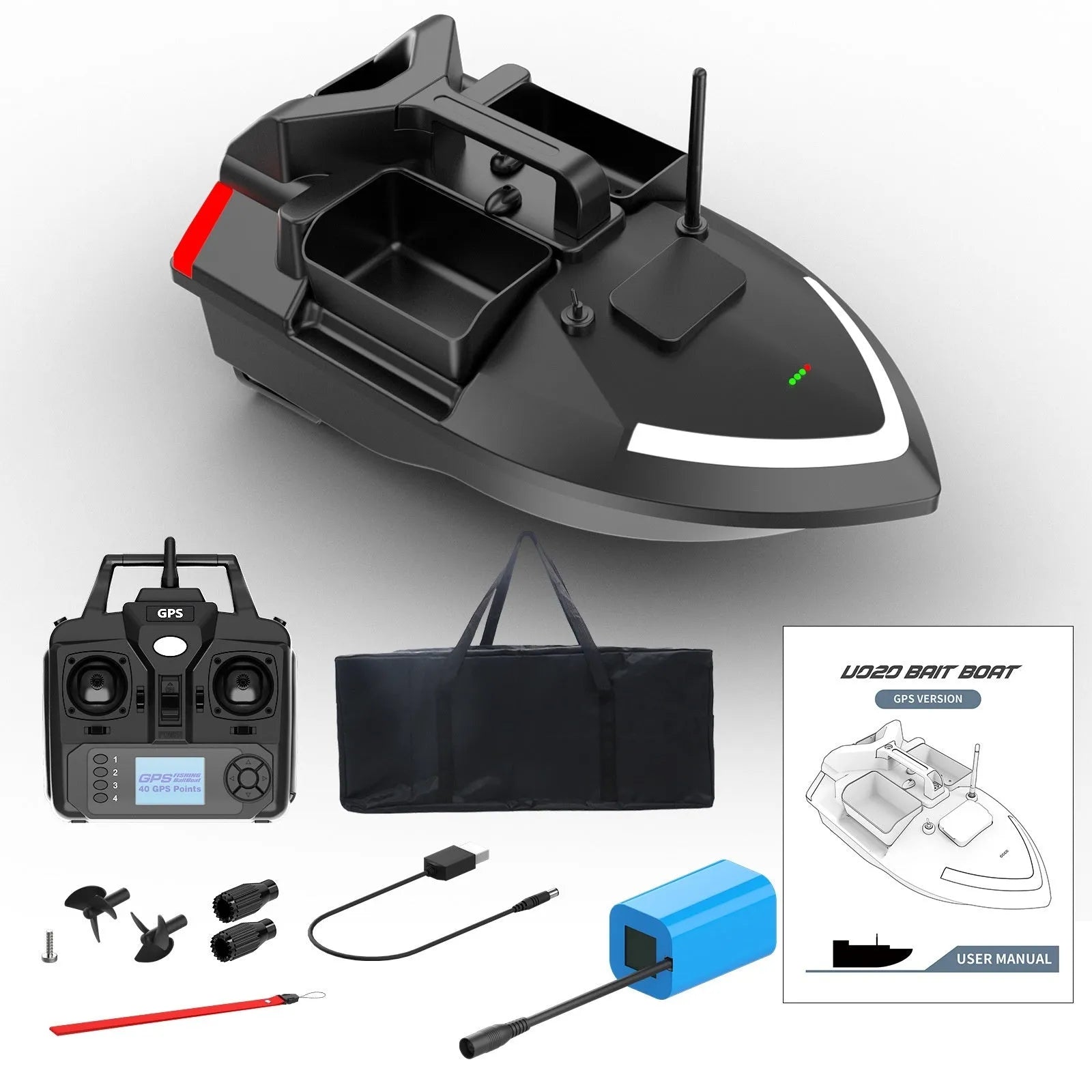 Black and luminous yellow remote control GPS fishing boat with antenna and LED light on open water.