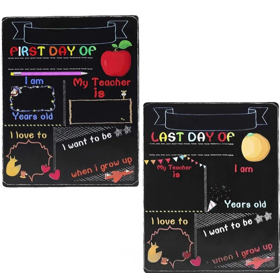 Black wooden First Day of School sign with white chalkboard text, measuring 25.5 by 30 centimetres.