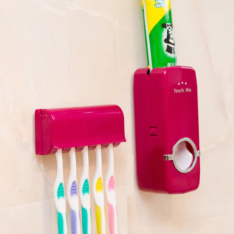 White or wine red plastic and silicone wall-mounted toothbrush holder set with pump dispenser for bathroom organisation