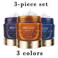 Three jars of eye cream: blue hyaluronic acid, orange VC, purple retinol, 40g each