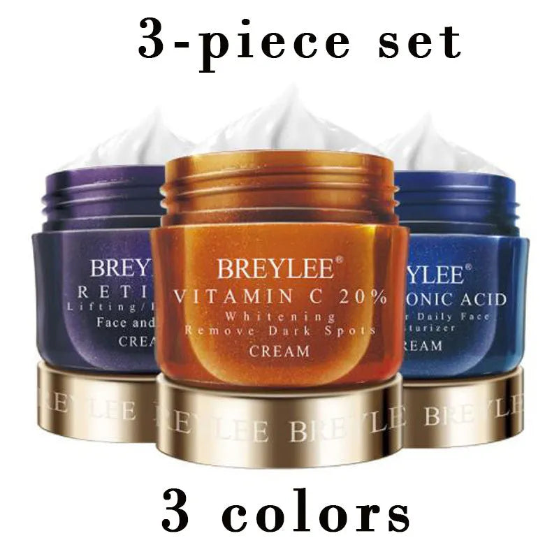 Three jars of eye cream: blue hyaluronic acid, orange VC, purple retinol, 40g each