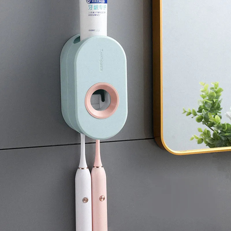 Second generation plastic toothpaste dispenser in green and pink, non-punching mount, 15cm height, high-quality polypropylene