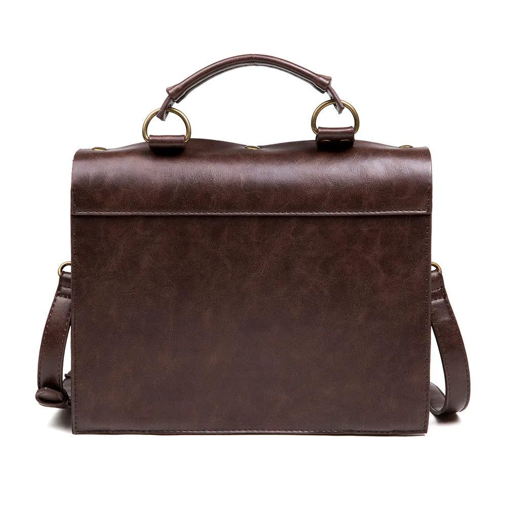Bronze steampunk style square shoulder bag made of PU leather with metal hardware.