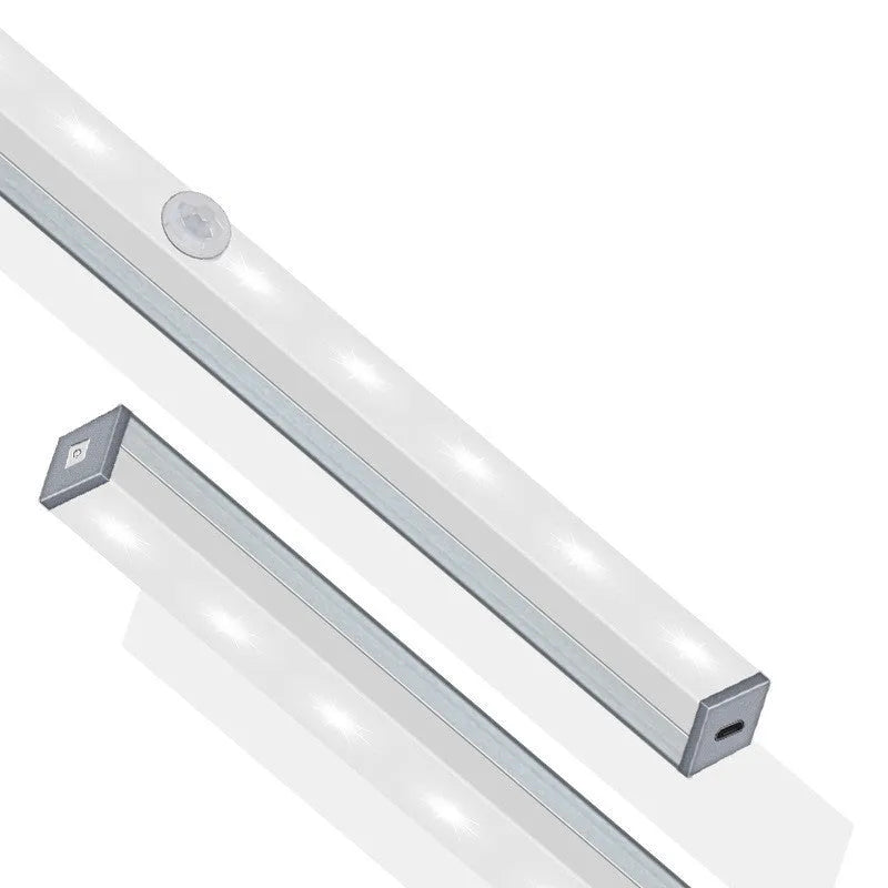Aluminium magnetic LED closet light with motion sensor on a wardrobe shelf.
