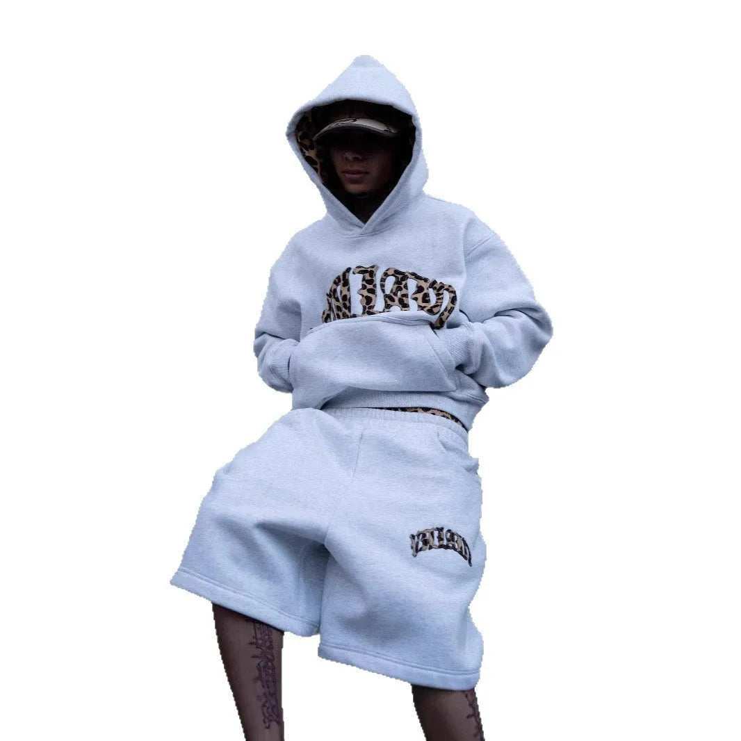 Leopard print letter embroidery street casual trousers and hoodie three-piece set in light gray polyester with pocket detailing, regular fit for unisex