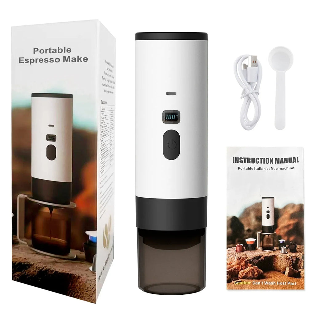 Portable capsule coffee machine in champagne colour with LCD display and wireless heating for travel use