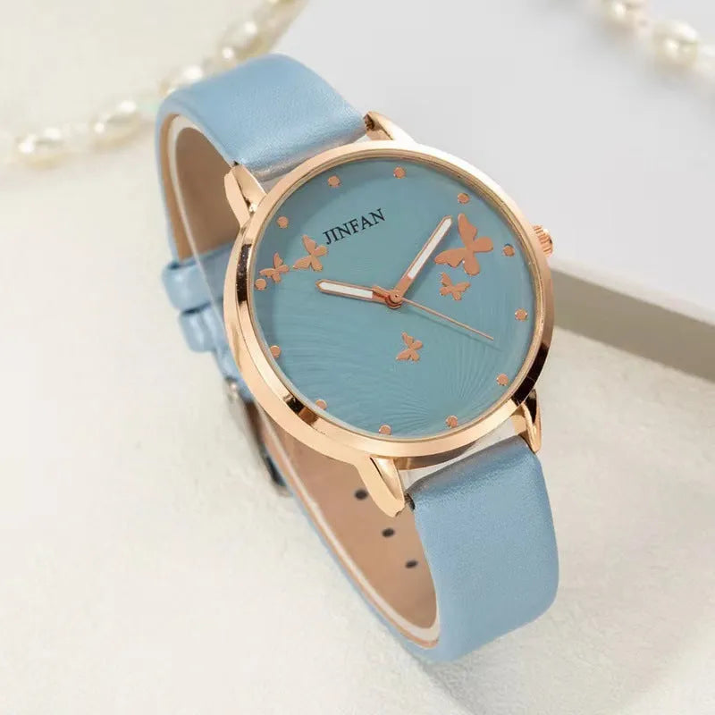 Student Sweet Butterfly Macron quartz wrist watch 36mm dial alloy band titanium buckle pink white