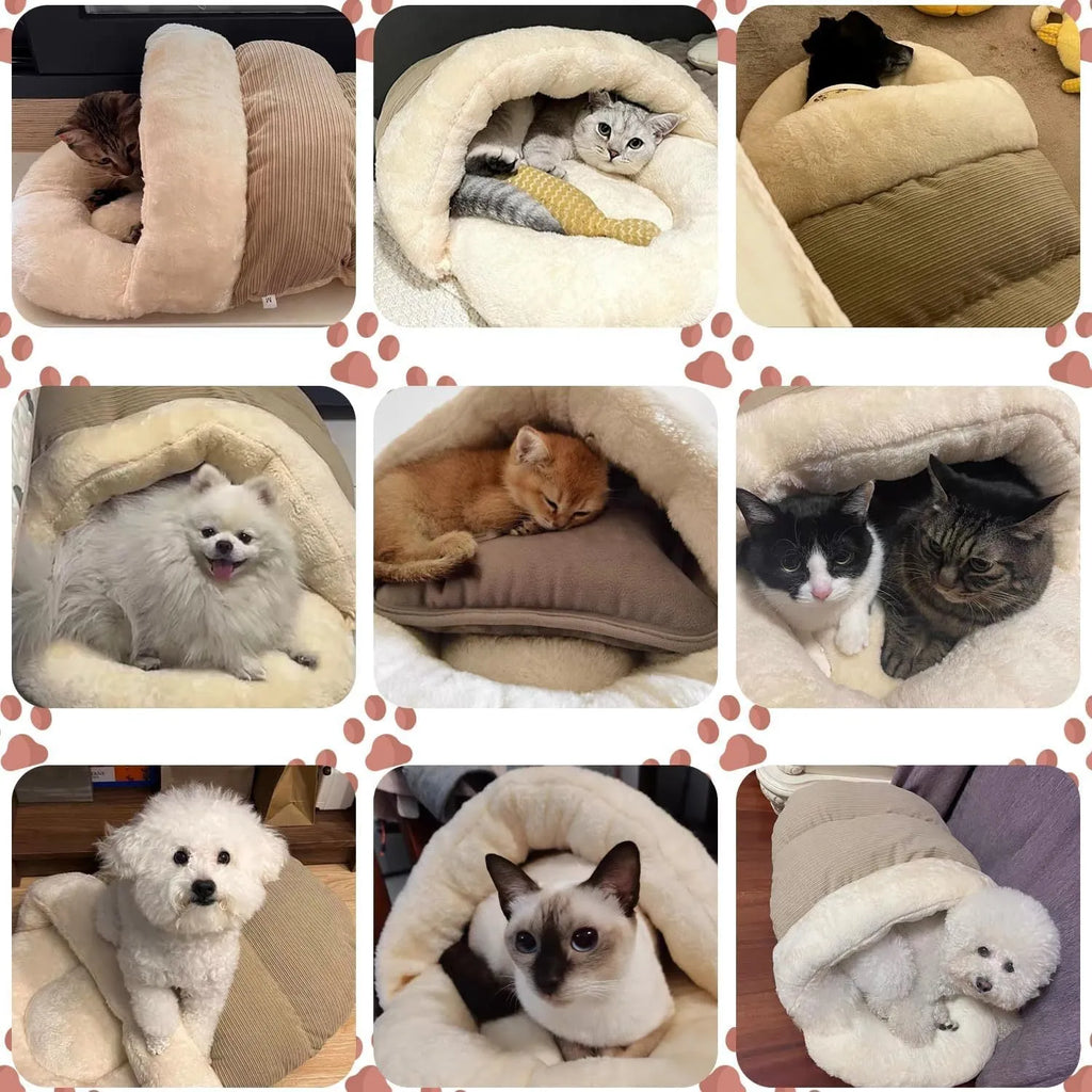 Slipper-shaped pet bed for cats and dogs with corduroy exterior and self-warming material