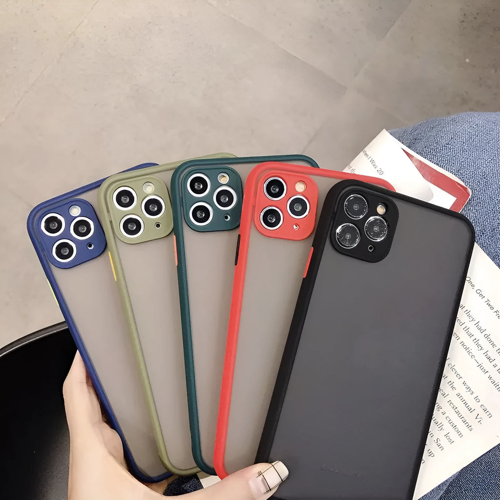 Solid colour silicone shockproof iPhone case with transparent design showing TPU frame and PC back panel